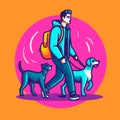 Man dog walker with group of dogs enjoying in walk. Dog walker and sitter. Cartoon vector illustration Royalty Free Stock Photo