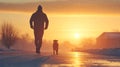 Man and Dog Walking at Sunset in Snowy Landscape Royalty Free Stock Photo