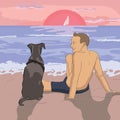 Man and dog watching sunset at the beach Royalty Free Stock Photo