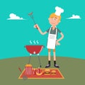 Man Doing Barbecue on Picnic. Summer Grill Party.
