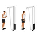 Man doing cable tricep pull down exercise. Flat vector