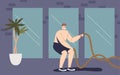 Man doing crossfit exercises with rope. Young athlete male training in gym. Bodybuilder guy workout