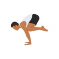 Man doing Crow pose bakasana exercise. Flat vector illustration