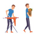 Man Doing Domestic Chores Carrying Shopping Bag and Ironing Clothes Vector Set