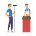 Man Doing Domestic Chores Sweeping Floor and Cooking Vector Set