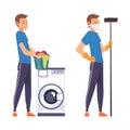 Man Doing Domestic Chores Washing Laundry and Standing with Brush Vector Set