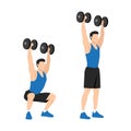 Man doing Dumbbell squat thrusters. squat to overhead press exercise. Flat vector Royalty Free Stock Photo