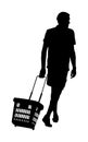 Man doing everyday grocery shopping with shopping basket at supermarket, vector silhouette.