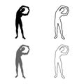 Man doing exercises tilts to the side Sport action male Workout silhouette yoga front view icon set grey black color illustration Royalty Free Stock Photo