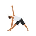 Man doing extended Triangle pose or Utthita trikonasana exercise.