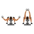 Man doing Flat bench dumbbell fly exercise. top view.