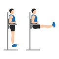 Man doing hanging leg raises side view. Abdominals exercise