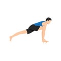 Man doing high lunge pose alanasana exercise. Flat vector