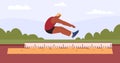 Man doing long jump on sand with ruler, flat vector illustration.