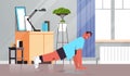 Man doing push ups exercises at home guy having workout cardio fitness training healthy lifestyle sport