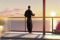 Man doing qigong tai chi exercise or reiki wearing kimono at sunrise with sea view. Qigong male Master Practicing Tai chi Royalty Free Stock Photo