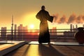 Man doing qigong tai chi exercise or reiki wearing kimono at sunrise with sea view. Qigong male Master Practicing Tai Royalty Free Stock Photo