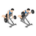 Man doing reverse incline bench barbell curl exercise