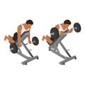 Man doing reverse incline bench barbell curl exercise