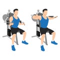 Man doing Seated Lateral raise machine. Power partials exercise