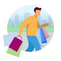 Man doing shopping flat concept vector icon. Guy hurry up with purchases bags sticker, clipart. Shopaholic, customer, buyer