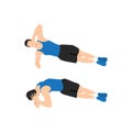 Man doing Side plank rotation exercise. Flat vecto