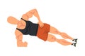 Man Doing Side Plank, Side View of Male Athlete Doing Sports for Fit Body, Buttock Workout Vector Illustration on White