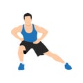 Man doing standing adductor or adduction stretch exercise