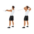 Man doing standing rope face pull. Cable face pull exercise back view. Flat vector illustration. Shoulder exercise