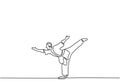 Man is doing Taekwondo training continuous single line drawing vector illustration. Pofessional senior male standing with one leg