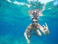 Man Doing Underwater Selfie Shot With Selfie Stick In Deep Sea