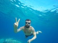 Man doing underwater selfie shot with selfie stick in deep sea