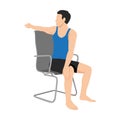 Man doing workout at office seated Chair spinal twist. ardha matsyendrasana