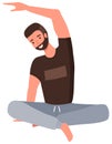 A man doing yoga exercise. Young bearded fit guy sitting on the floor in lotus position isolated