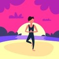 Man doing yoga exercises sunset beach background male sport activity cartoon character full length flat