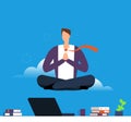 Man doing yoga and meditation. Businessman hanging in lotus pose over office desk. Calm down and avoid stress in work Royalty Free Stock Photo