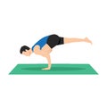 Man doing yoga, pilates, fitness training, asana Eka Pada Galavasana