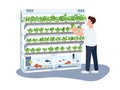 Man and domestic greenhouse, gardener flat color vector faceless characterv