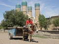 Man and Donkey in front of madrassa Chor Minor, Bukhara, Uzbekistan Royalty Free Stock Photo