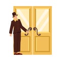 Man Doorman Standing in Front of Hotel Entrance Doors Vector Illustration