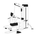 Man dragging bar down on lat pulldown machine flat line black white vector character