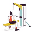 Man dragging bar down on lat pulldown machine flat line color vector character