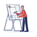 Man drawing on easel. Cartoon male creative artist creating sketch artwork on white board Royalty Free Stock Photo