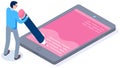 Man draws with pencil on screen. Guy works with smartphone businee application vector illustration