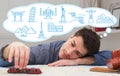 Man Dreaming About Travel, Playing With Toy Train Indoors, Collage Royalty Free Stock Photo