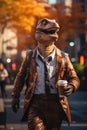 A man dressed as a dinosaur is walking down the street, AI