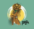 Man Dressed as Dracula with Halloween Pumpkin Head, Hand Drawn Sketch Vector Background Royalty Free Stock Photo