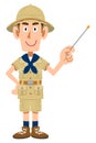 A man dressed as an explorer explaining with a pointing stick
