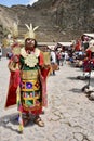 Man dressed as an Inca warrier at the Ollantaytambo Sanctuary Inca Site. Ollantaytambo, Peru, October 5, 2023.