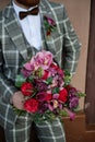 Man Dressed Fashion Suit Holding Bouquet of Flower Royalty Free Stock Photo